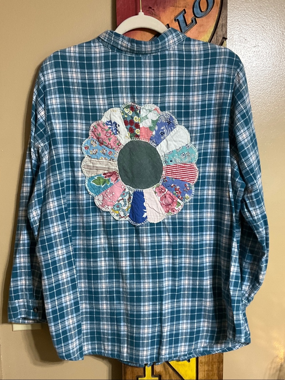 Woman Within Teal Plaid Flannel with Applied Quilt